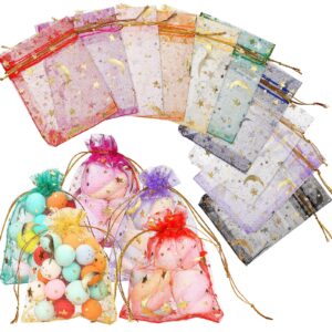 naler 100pcs moon star organza bags, drawstring organza jewelry candy bags,2.6x3.5 inch small gift bags, mixed color gift bags pouches for christmas wedding party,eid mubarak party favor bags