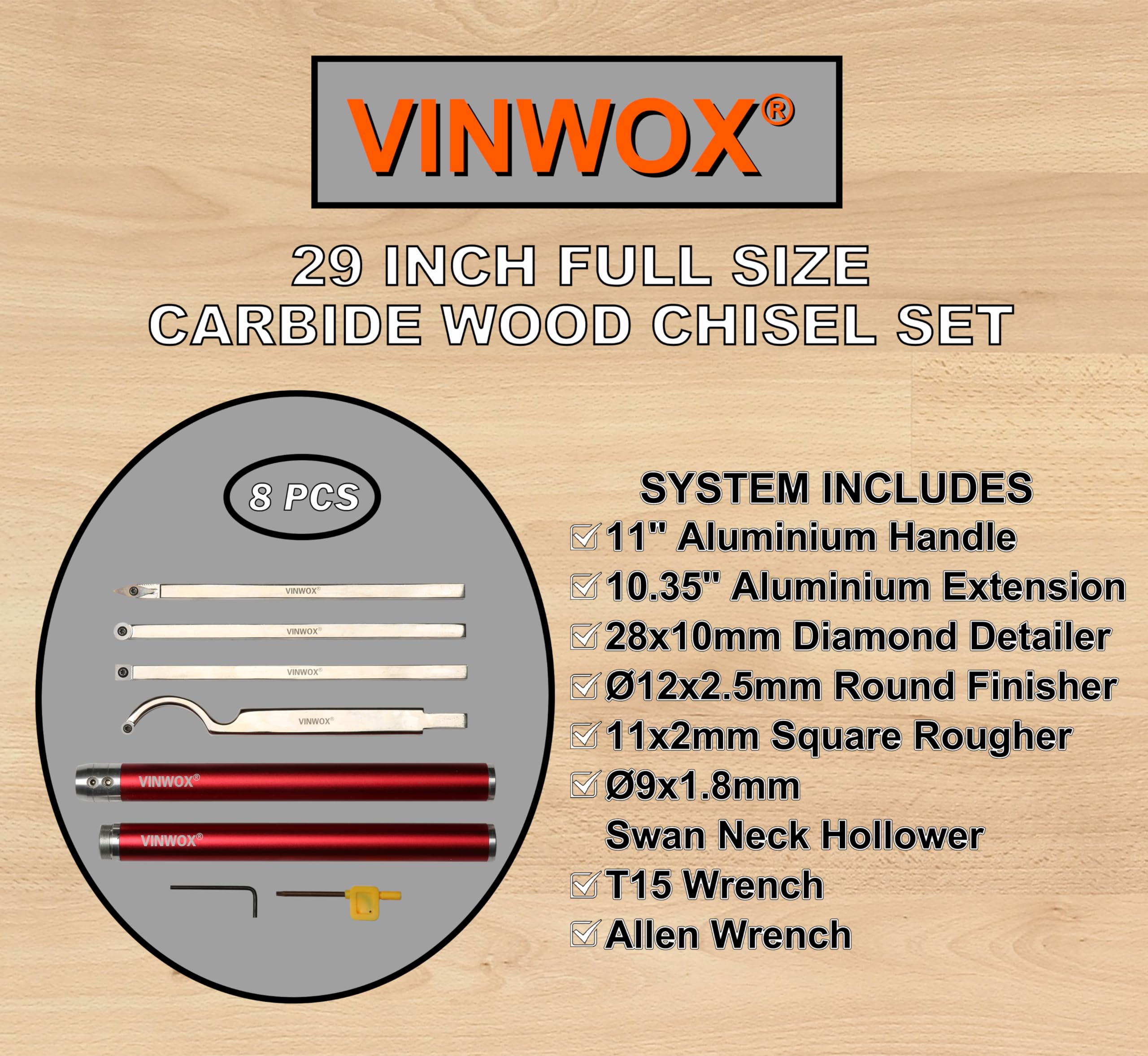 VINWOX 8 PCS Carbide Wood Lathe Turning Tool Set, Carbide Lathe Turning Tool, Including Swan Neck Hollower, Rougher, Finisher, Detailer, Pen Turning tools, Aluminum Alloy Handles from 14" to 29"