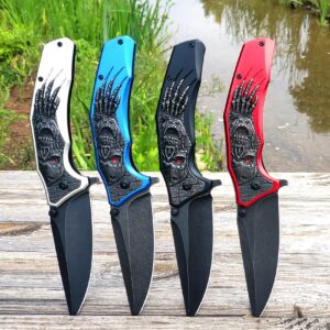 MADSMAUG Pocket Knife, Cool Pocket Folding Knife with 3D Embossed SKULL patterns, Great festival Halloween Christmas Gift EDC knife For Men Outdoor Survival Camping (Red)