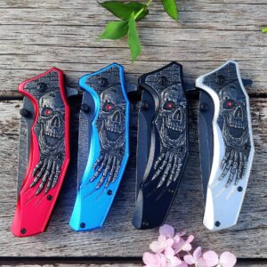 MADSMAUG Pocket Knife, Cool Pocket Folding Knife with 3D Embossed SKULL patterns, Great festival Halloween Christmas Gift EDC knife For Men Outdoor Survival Camping (Red)