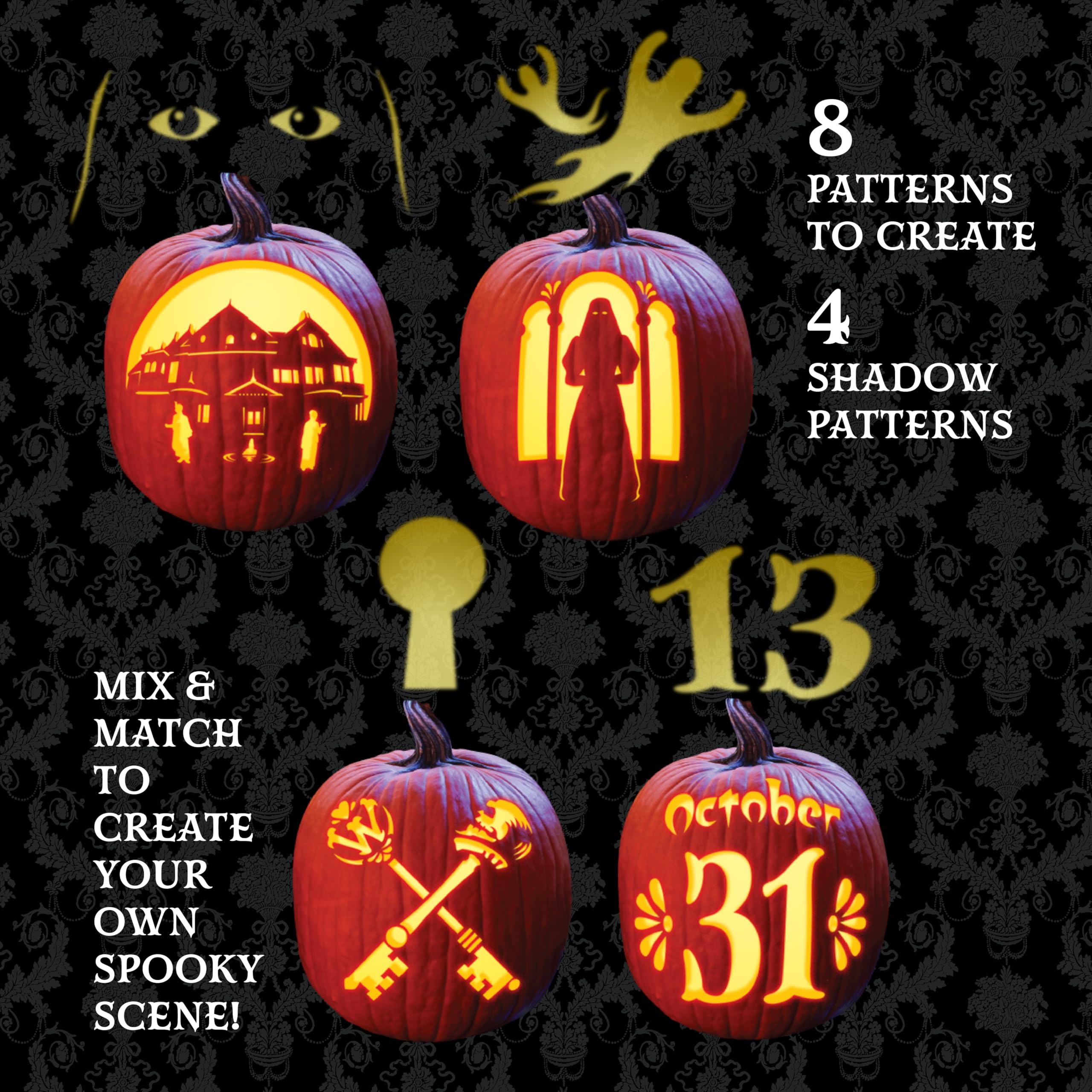 Winchester Mystery House Haunting Shadows Carving Kit by Pumpkin Masters: 13 Piece Set, Included Lights Cast Spooky Shadows