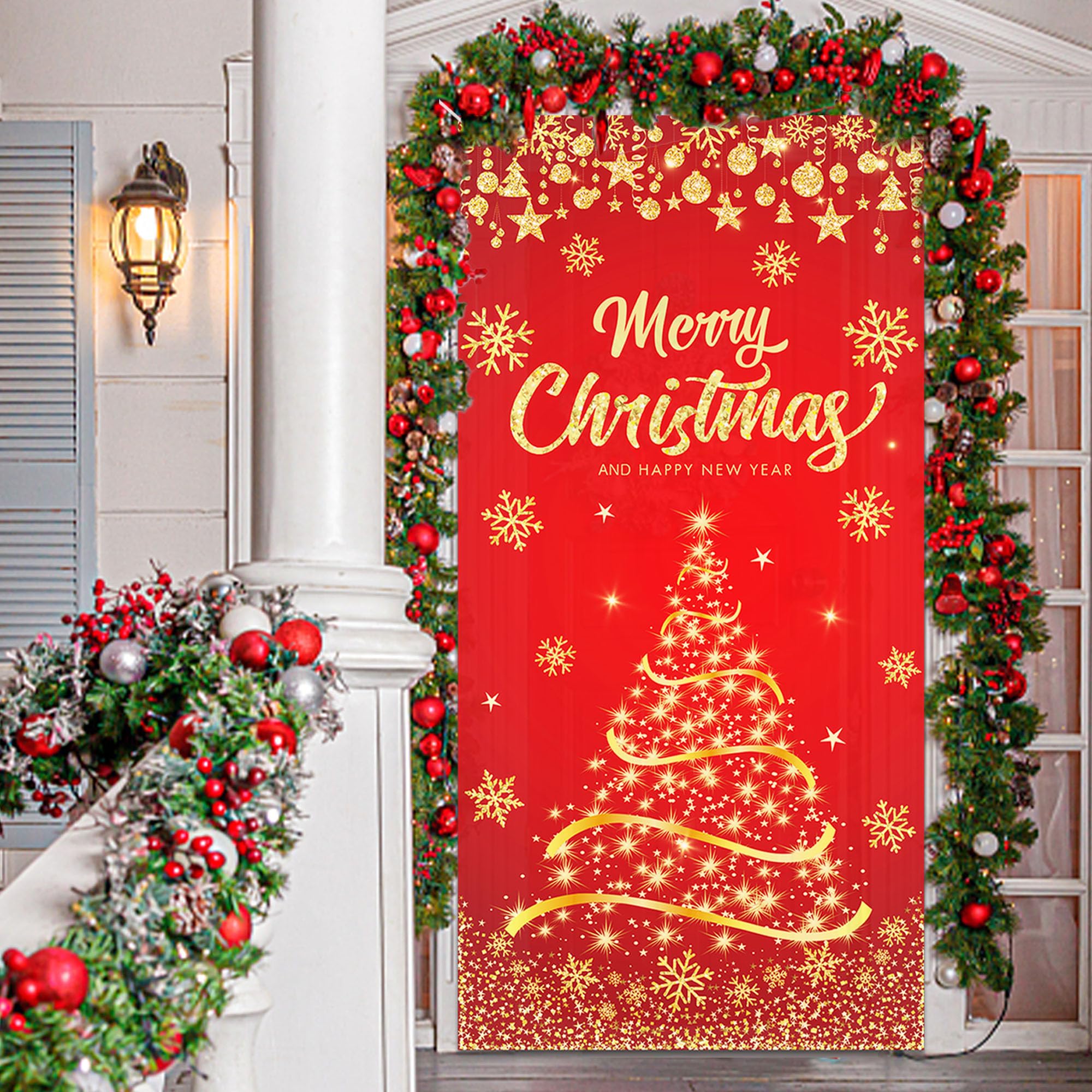 Christmas Door Cover Golden Christmas Tree Door Cover Banner Merry Christmas Glitter Snowflake Door Cover Photography Background for Winter Xmas New Year Holiday Party Decor