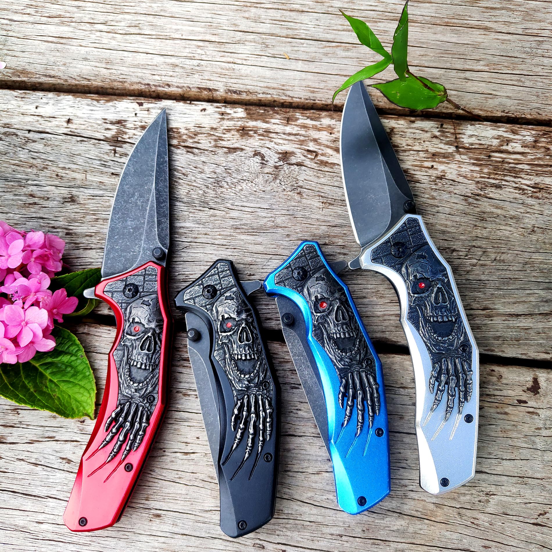 MADSMAUG Pocket Knife, Cool Pocket Folding Knife with 3D Embossed SKULL patterns, Great festival Halloween Christmas Gift EDC knife For Men Outdoor Survival Camping (Red)