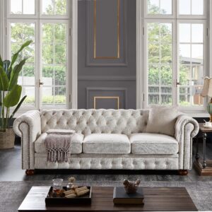 chesterfield sofas for living room, linen fabric 3-seater sofa with nailhead & rolled arms upholstered couches with solid wood legs for bedroom, office apartment easy to assemble（beige）