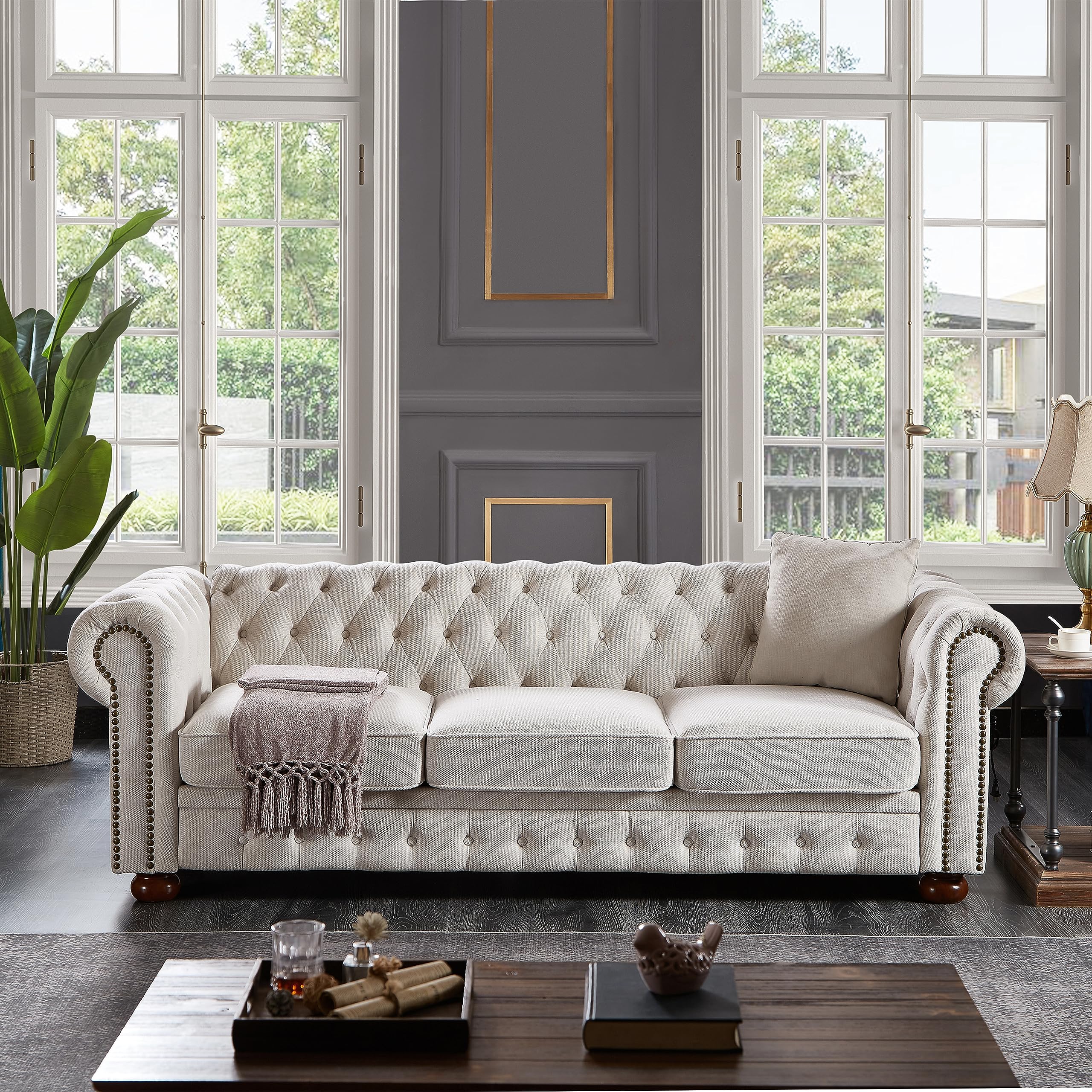 Chesterfield Sofas for Living Room, Linen Fabric 3-Seater Sofa with Nailhead & Rolled Arms Upholstered Couches with Solid Wood Legs for Bedroom, Office Apartment Easy to Assemble（Beige）