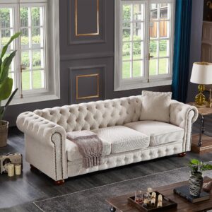 Chesterfield Sofas for Living Room, Linen Fabric 3-Seater Sofa with Nailhead & Rolled Arms Upholstered Couches with Solid Wood Legs for Bedroom, Office Apartment Easy to Assemble（Beige）