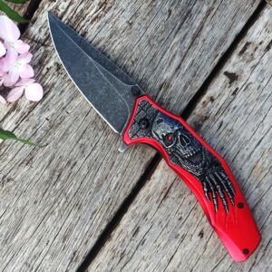 MADSMAUG Pocket Knife, Cool Pocket Folding Knife with 3D Embossed SKULL patterns, Great festival Halloween Christmas Gift EDC knife For Men Outdoor Survival Camping (Red)