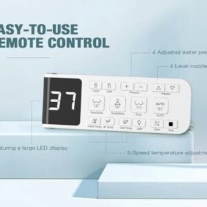 MEJE #001U-Electronic Bidet Seat for Elongated Toilets with Remote Control, Temperature Display Heated Toilet Seat,Auto Open and Close,Warm Air Dryer and Temp Controlled Wash Functions (White)