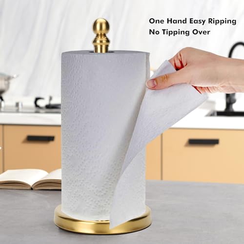 Gold Paper Towel Holder Countertop, Standing Paper Towel Roll Holder for Kitchen Bathroom, with Weighted Base for One-Handed Operation (Gold)