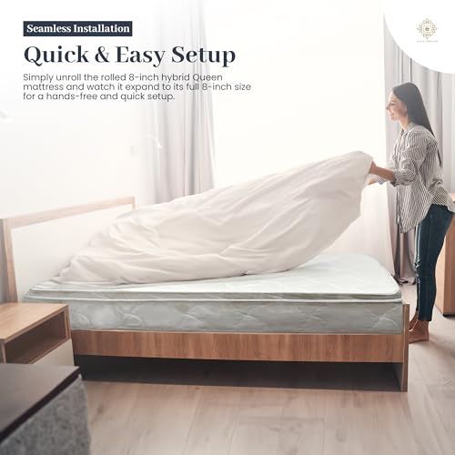 Oliver & Smith Queen Bed Mattress 8 Inch Hybrid Mattress Queen Size with High Density & Comfort Cold Foam with Continuous Coil Bonnell Springs Eco-Friendly, Breathable Medium Firm Queen Mattress