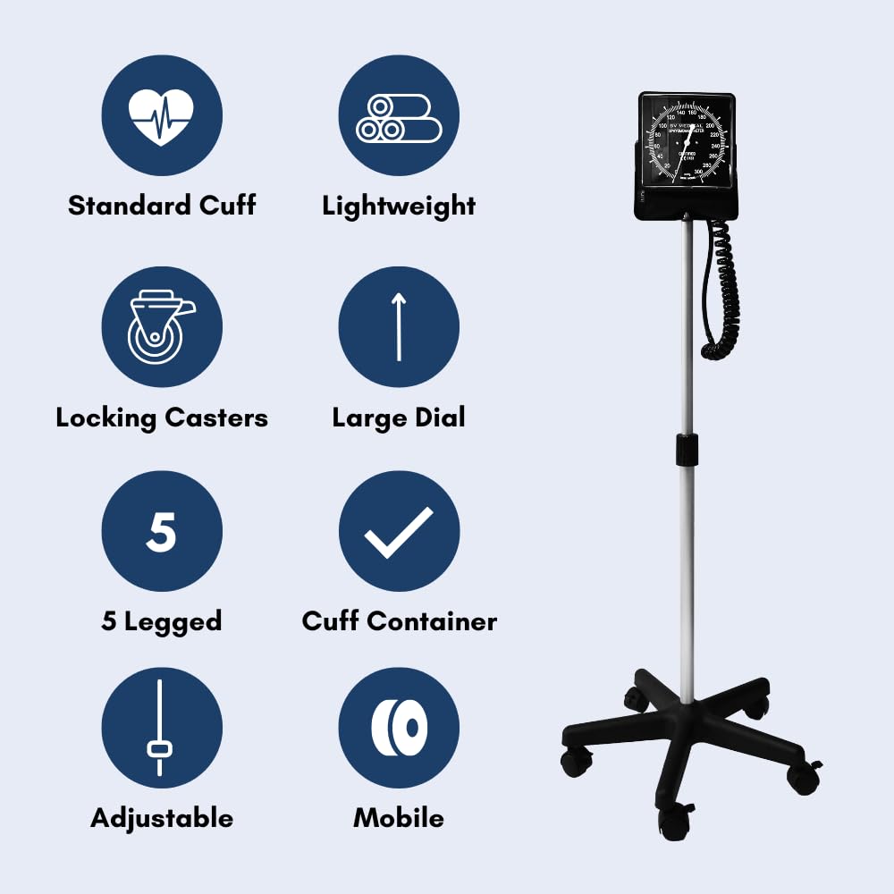 BV Medical Clock Mobile Rolling Stand Manual Blood Pressure Monitor Aneroid Sphygmomanometer