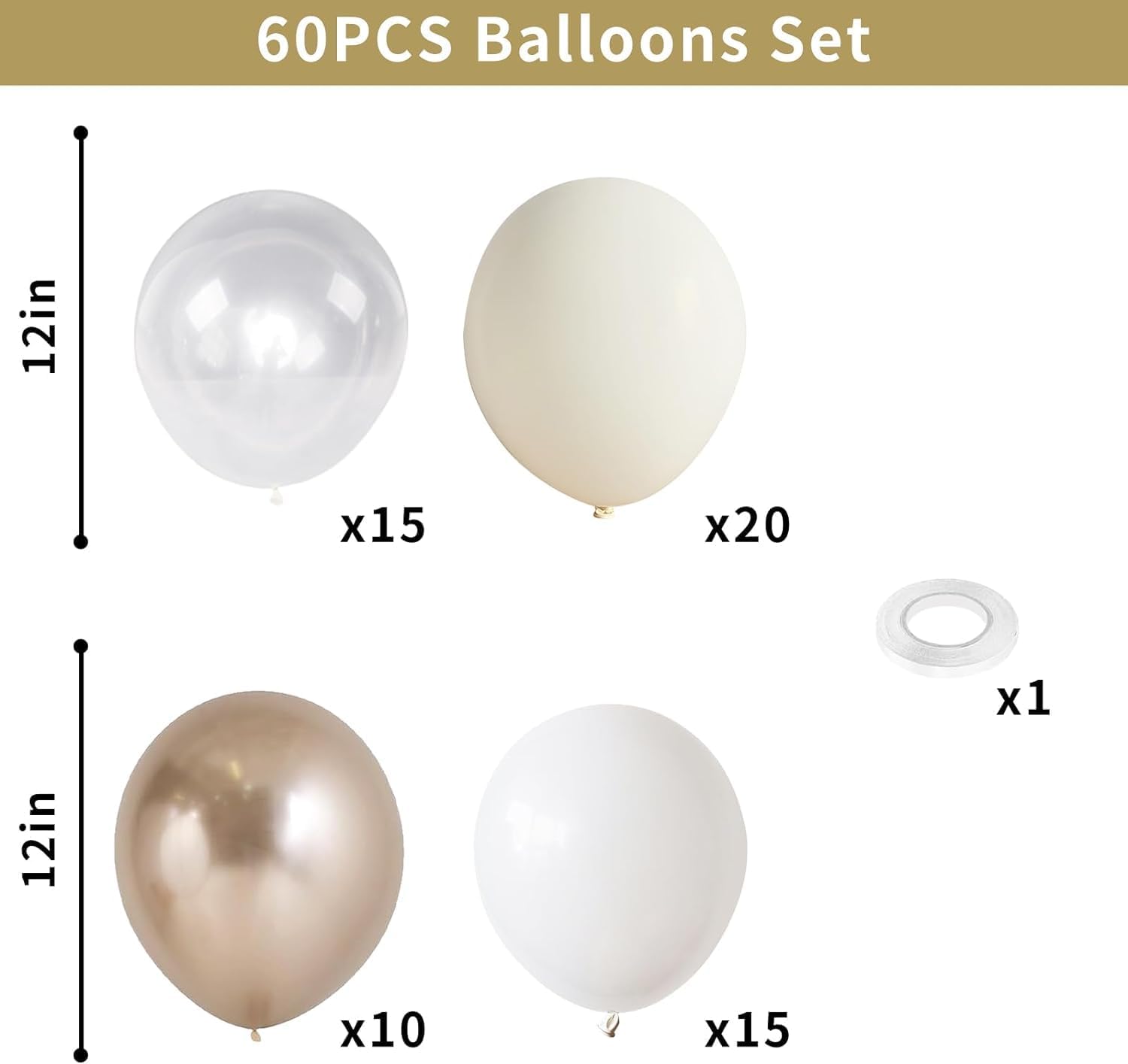 Nude White Gold Balloons, 60PCS Metallic Champagne Gold Cream White Clear Balloons White Sand Blush Beige Transparent Party Balloons for Birthday Boho Wedding Anniversary Engagement Hen Decorations