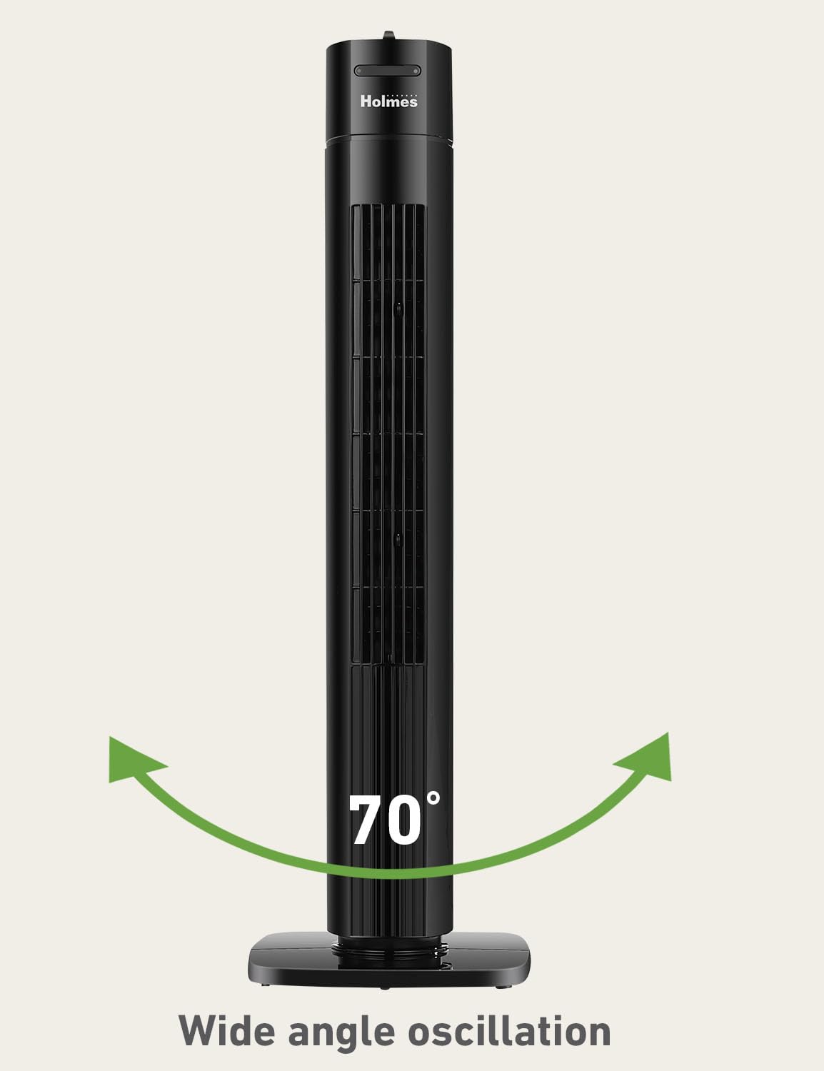 HOLMES 31" Manual Tower Fan, 70° Oscillation, 3 Speeds, 2-Hour Auto Shut-Off Timer, Adjustable Vents, Compact and Slim Profile, Carry Handle, Ideal for Cooling your Home, Bedroom or Office, Black