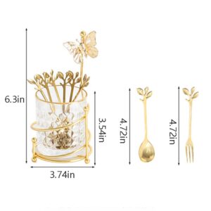 INPROPEXT 6PCS Coffee Spoons with Glass Holder,Small Stainless Steel Gold Tea Spoons,Mini Spoon Set for Fruit,Stirring, Mixing, Sugar, Ice Cream, Cake