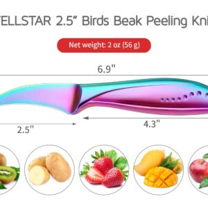 WELLSTAR 2.5 inch Birds Beak Paring Knife, Sharp High Carbon Stainless Steel Curved Blade For Fruit and Vegetable Peeling Garnishing Cutting – Rainbow