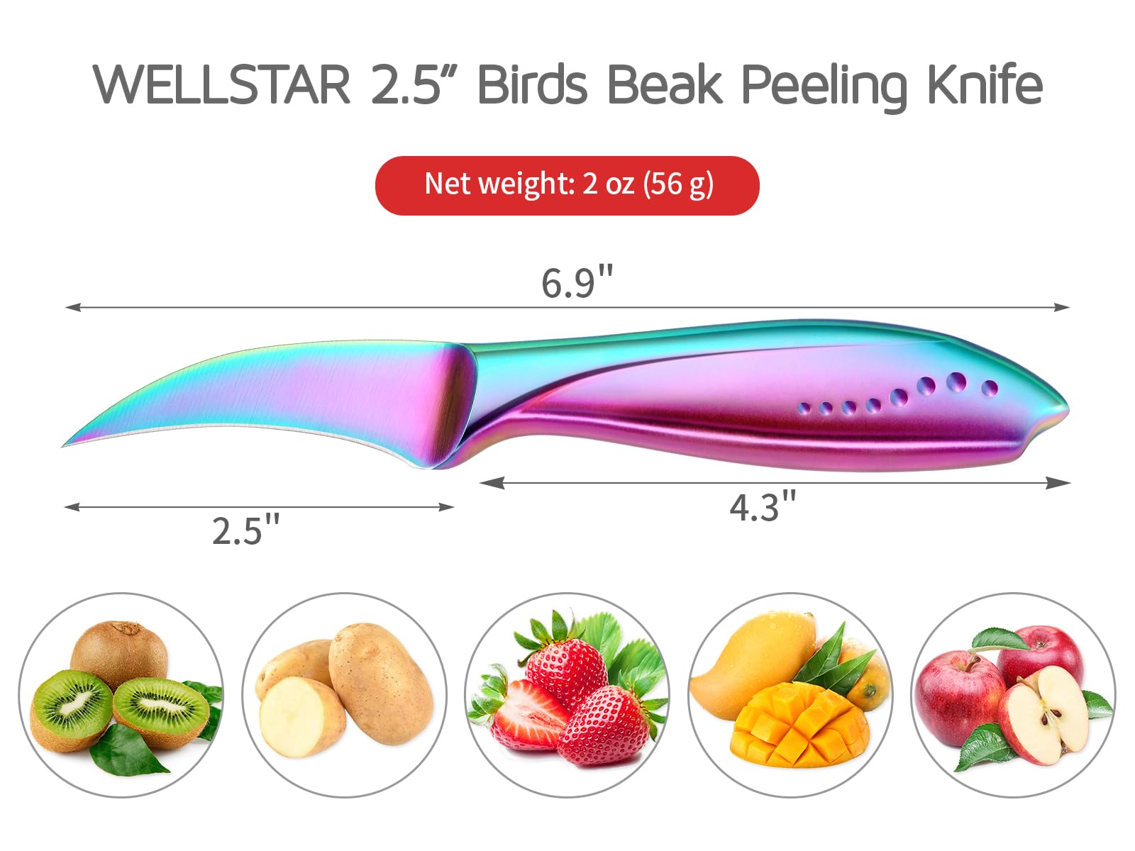 WELLSTAR 2.5 inch Birds Beak Paring Knife, Sharp High Carbon Stainless Steel Curved Blade For Fruit and Vegetable Peeling Garnishing Cutting – Rainbow