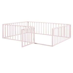 Harper & Bright Designs Queen Metal Floor Bed Frame with Rails, Queen Montessori Floor Bed with Fence and Door, for Kids Girls Boys (Queen Size, Pink)