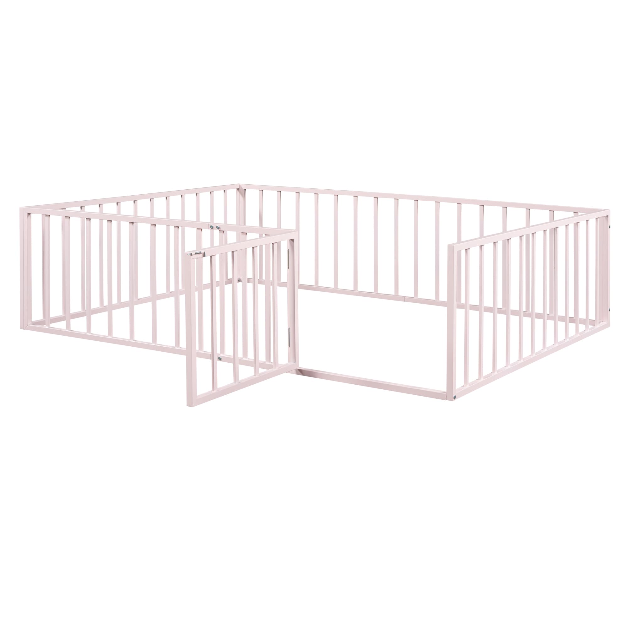 Harper & Bright Designs Queen Metal Floor Bed Frame with Rails, Queen Montessori Floor Bed with Fence and Door, for Kids Girls Boys (Queen Size, Pink)