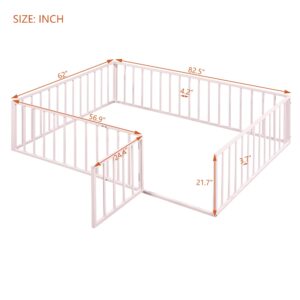 Harper & Bright Designs Queen Metal Floor Bed Frame with Rails, Queen Montessori Floor Bed with Fence and Door, for Kids Girls Boys (Queen Size, Pink)