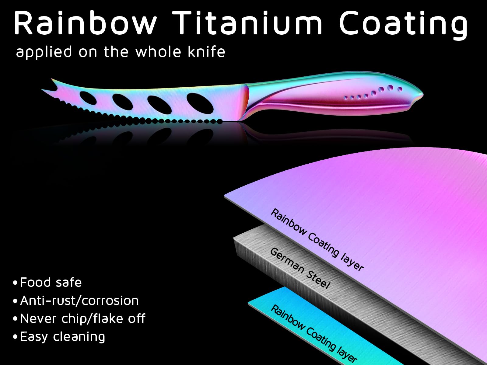 WELLSTAR Cheese Knife, Serrated Tomato Knife 5 Inch Sharp High Carbon Stainless Steel Blade for Cutting All Cheese Types - Rainbow