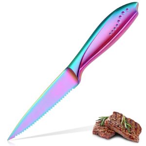 wellstar utility knife, 4 inch serrated paring knife with super sharp rainbow high carbon stainless steel blade for fruit vegetable cutting peeling slicing