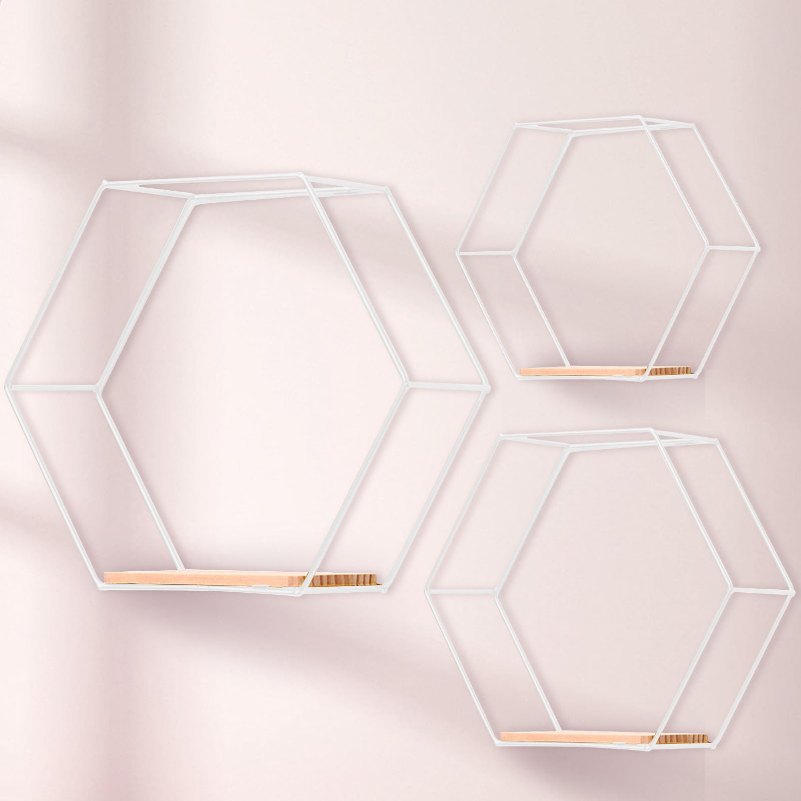 Wall Mounted Hexagonal Floating Shelves White Set of 3, Modern Metal White Shelves, Wood Partition Shelves for Wall Decor, Wall Shelves for Bedroom, Living Room, Kitchen, Office, Plants and Art