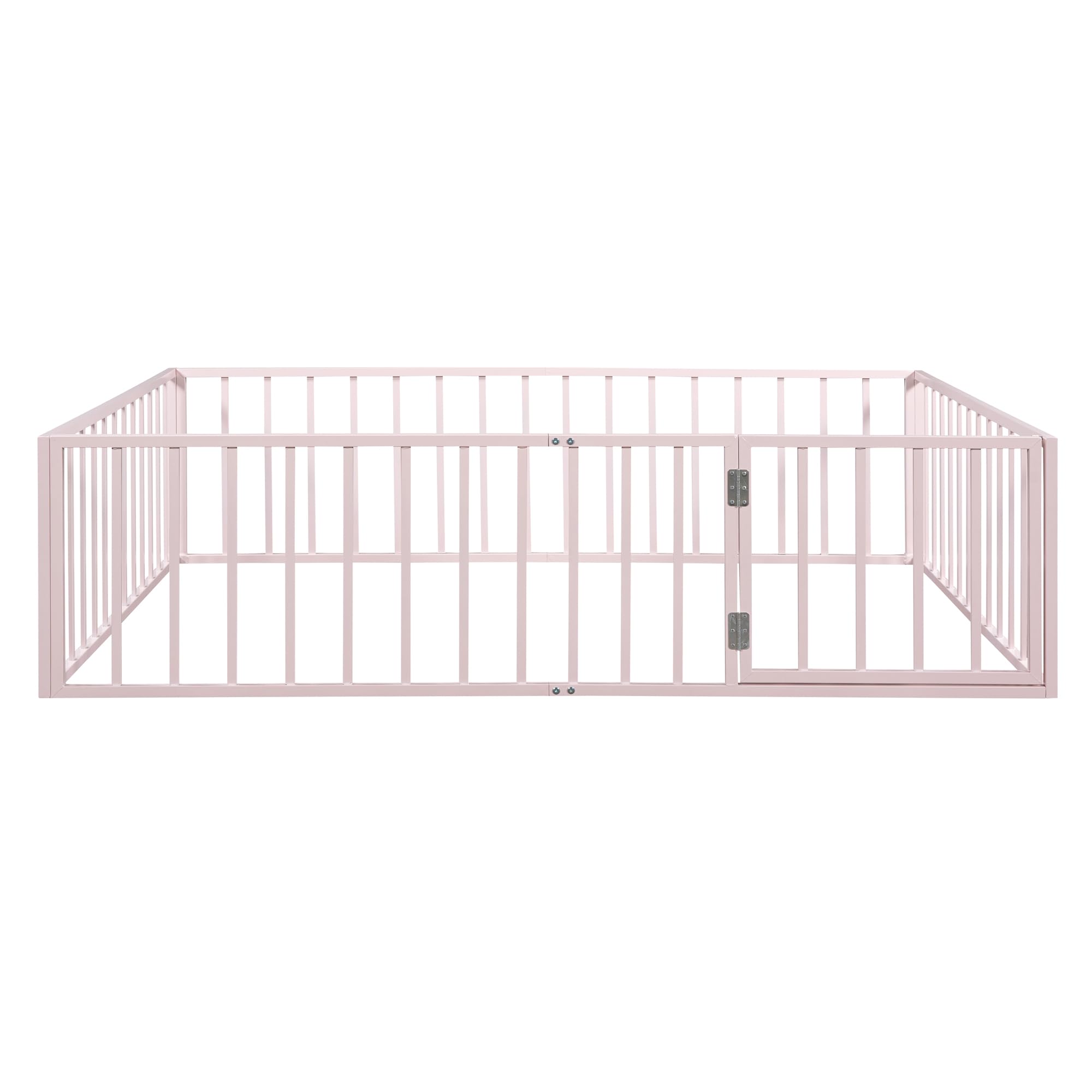 Harper & Bright Designs Queen Metal Floor Bed Frame with Rails, Queen Montessori Floor Bed with Fence and Door, for Kids Girls Boys (Queen Size, Pink)