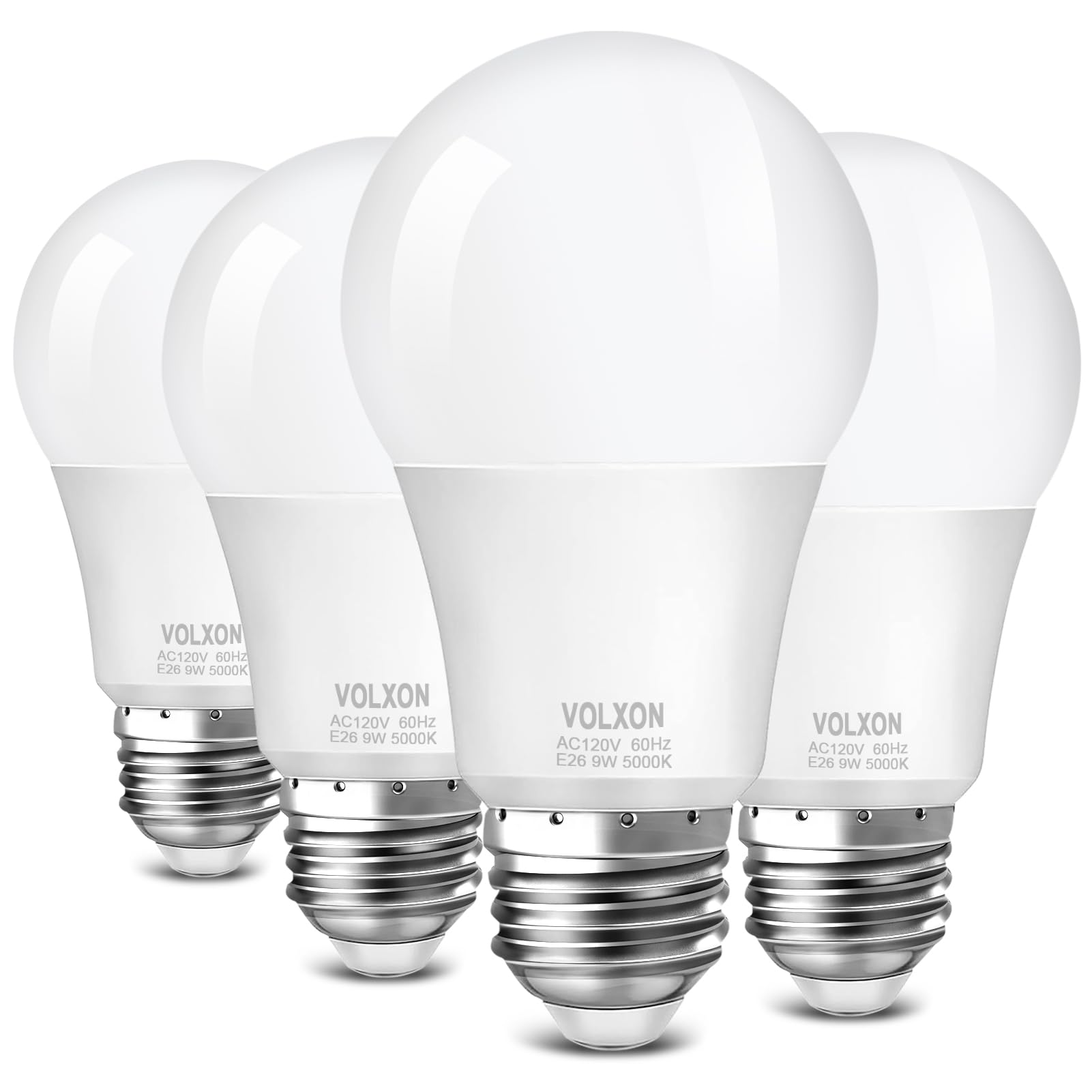 Volxon A19 LED Light Bulb, 9 Watt Equivalent 60 Watt Led Light Bulb, Bright Light Bulb 850LM, Non-Dimmable, Daylight White 5000K, Standard E26 Base, CRI 85+, No Flicker, ETL Listed, 4 Pack