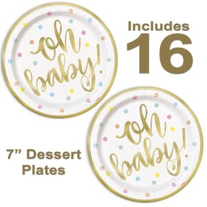 Lobyn Oh Baby Dessert Plates and Napkins - Elegant Gold and White Baby Shower Disposable Set - Cake Plates - 16 Count of 7 Inch Disposable Plates, and 16 Napkins - Baby Shower Plates