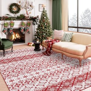 WondRg Christmas Area Rug 5x7 Red Snowflake Holiday Decorative Living Room Bedroom Throw Rug Washable Non Slip Soft Low Pile Carpet for Kitchen Entryway Dining Room Bathroom Home Decor