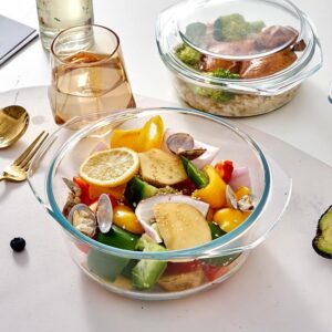 Small 1-QT Round Tempered Glass Casserole Dish with Lid, Mini Clear Glass Casserole Bowl with Glass Lid