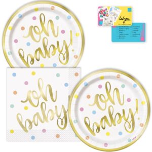 lobyn oh baby dessert plates and napkins - elegant gold and white baby shower disposable set - cake plates - 16 count of 7 inch disposable plates, and 16 napkins - baby shower plates