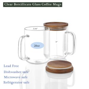 DRASTAR Glass Coffee Mugs, 20 oz Clear Coffee Cups with Acacia Wood Lid, Large Coffee Mug Set of 2, Tea Glass Cups with Handles, Glass Coffee Cups for Latte, Espresso, Tea