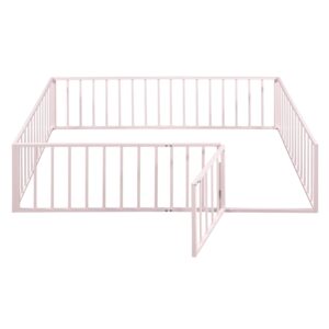 Harper & Bright Designs Queen Metal Floor Bed Frame with Rails, Queen Montessori Floor Bed with Fence and Door, for Kids Girls Boys (Queen Size, Pink)