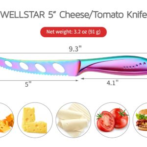 WELLSTAR Cheese Knife, Serrated Tomato Knife 5 Inch Sharp High Carbon Stainless Steel Blade for Cutting All Cheese Types - Rainbow