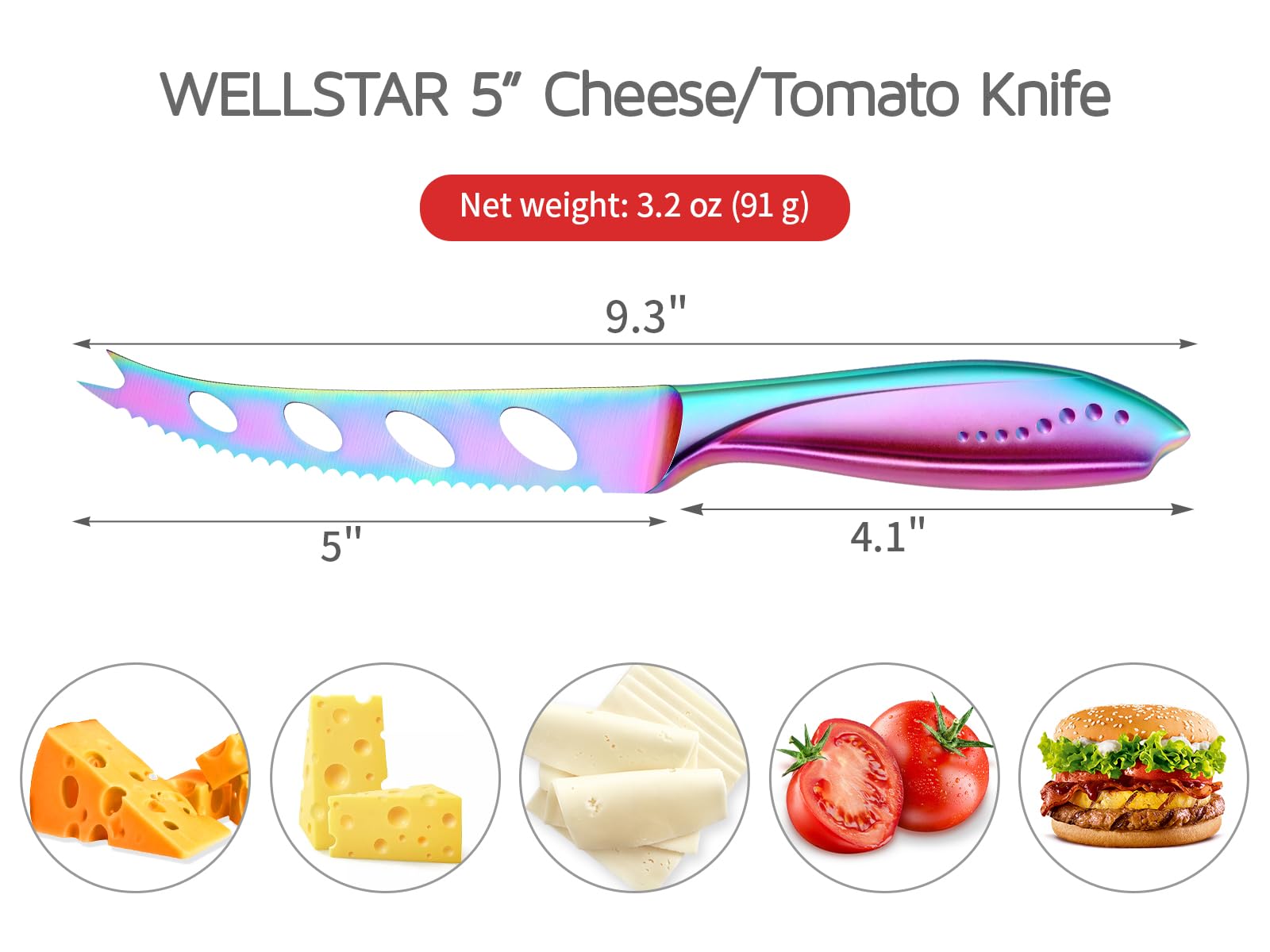 WELLSTAR Cheese Knife, Serrated Tomato Knife 5 Inch Sharp High Carbon Stainless Steel Blade for Cutting All Cheese Types - Rainbow