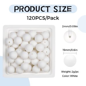 120PCS FIVEIZERO Silicone Beads, 15mm Silicone Beads White for Keychain Making Bulk Round Silicone Beadsfor Bracelet Necklace DIY Crafts Making (White)