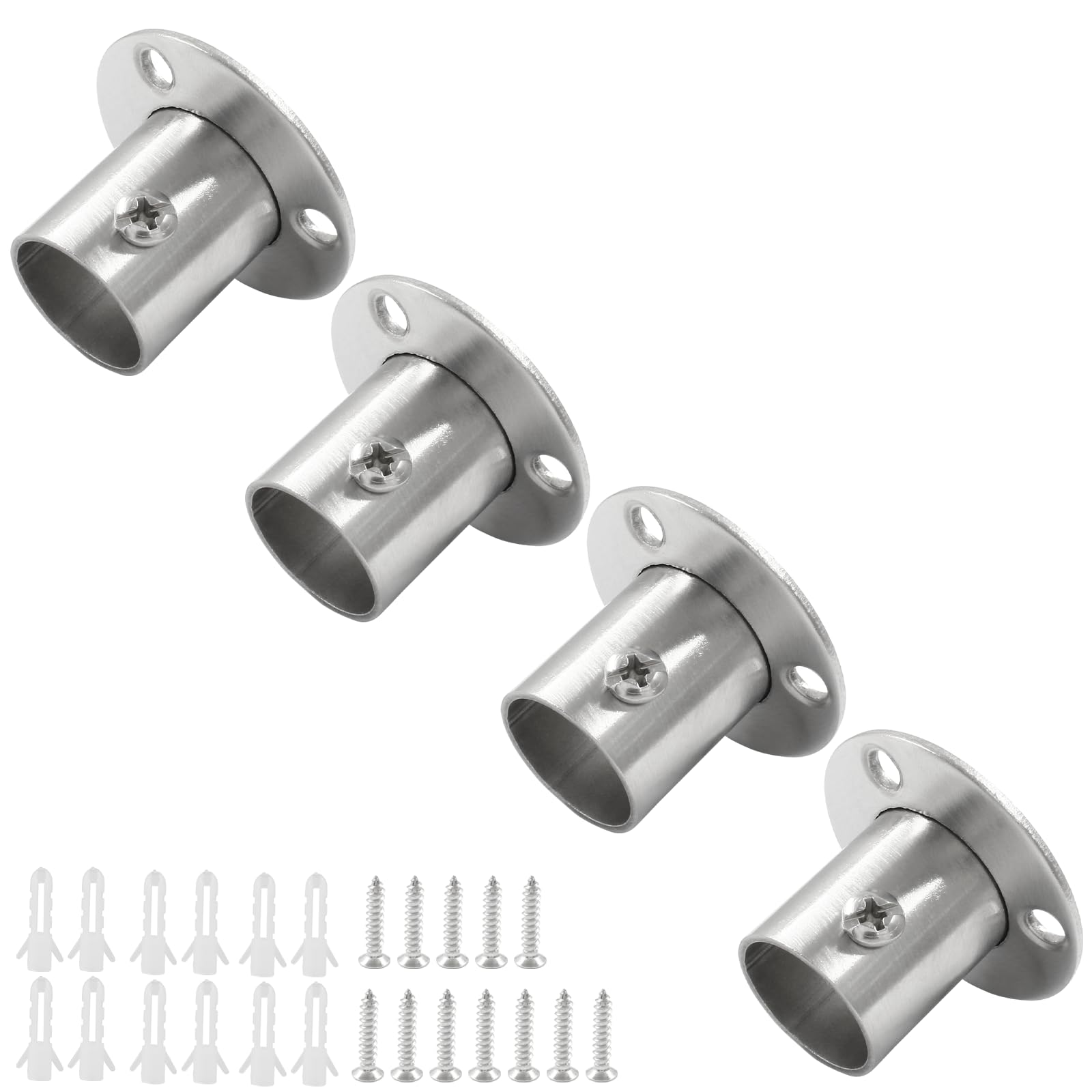 Suiwotin 4 Packs 3/4 Inch Closet Rod Holders, Stainless Steel Closet Rod End Supports, Heavy Duty Curtain Pole Sockets Shower Flange Rod Holder, O-Shaped with Screws (Silver)