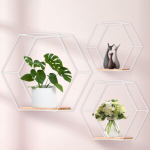 wall mounted hexagonal floating shelves white set of 3, modern metal white shelves, wood partition shelves for wall decor, wall shelves for bedroom, living room, kitchen, office, plants and art