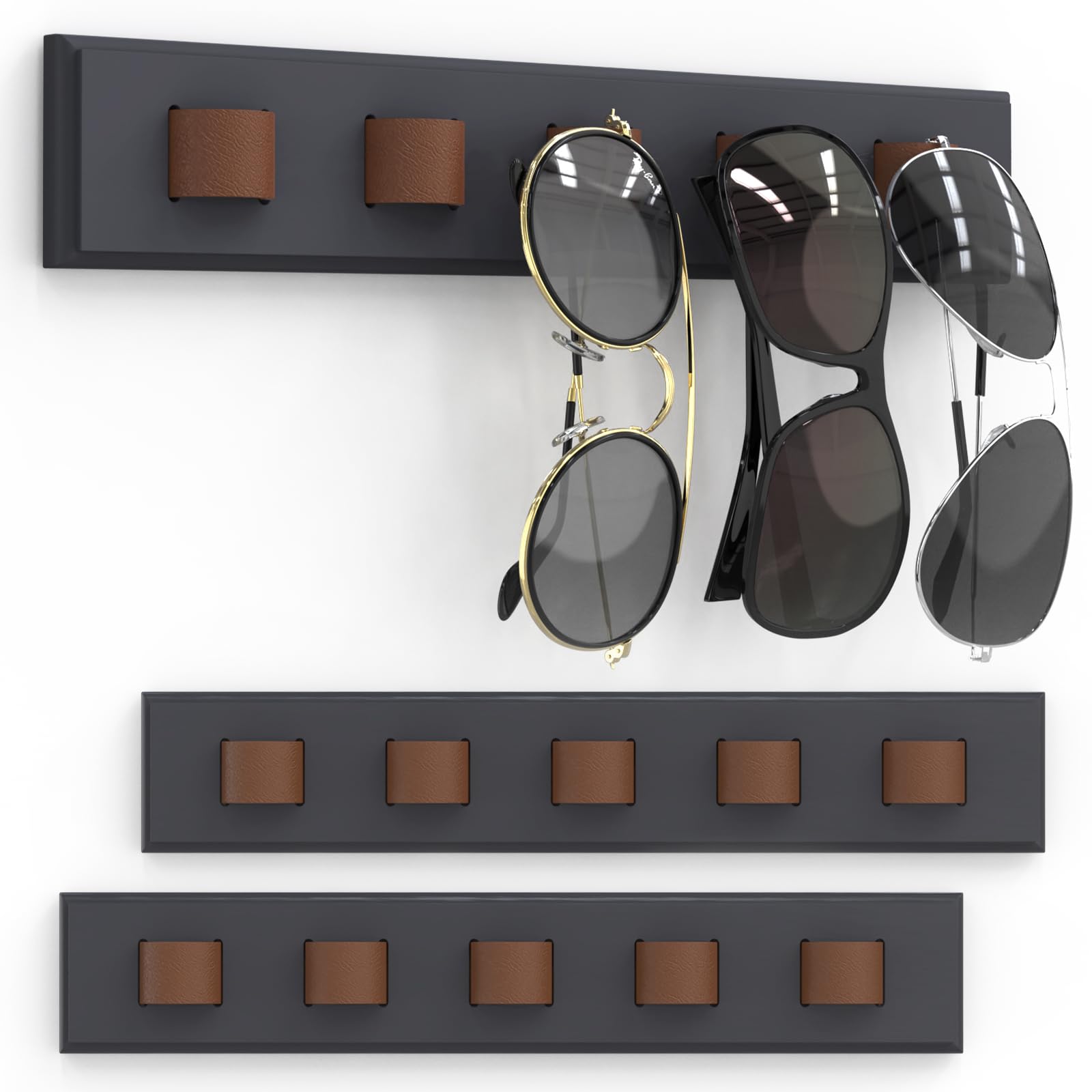 Durmmur 3 Pack Sunglass Organizer, Wall Mounted Sunglasses Organizer, Wooden Glasses Holder Sunglass Holder, Sunglasses Rack for Hanging Your Multiple Eyeglasses, for Wall, Home Decor(Dark Grey)