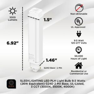 SLEEKLIGHTING | "9.5W LED PL Horizontal Bulb - Replaces 2 & 4 Pin, 26W Eq, 3-CCT (3000K/3500K/4000K), UL-Listed, 1000 Lumens, G24D/G24Q/GX24Q Base, 2-Pack, Ballast Bypass