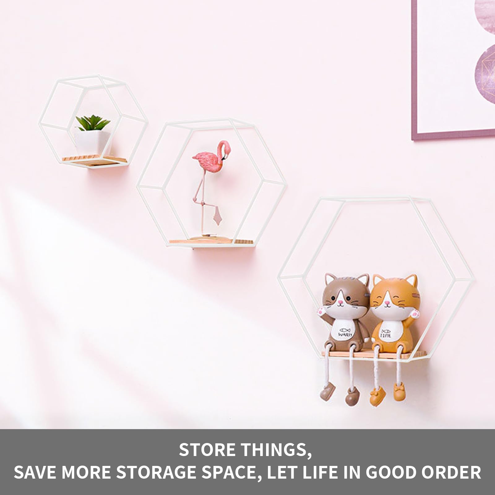 Wall Mounted Hexagonal Floating Shelves White Set of 3, Modern Metal White Shelves, Wood Partition Shelves for Wall Decor, Wall Shelves for Bedroom, Living Room, Kitchen, Office, Plants and Art