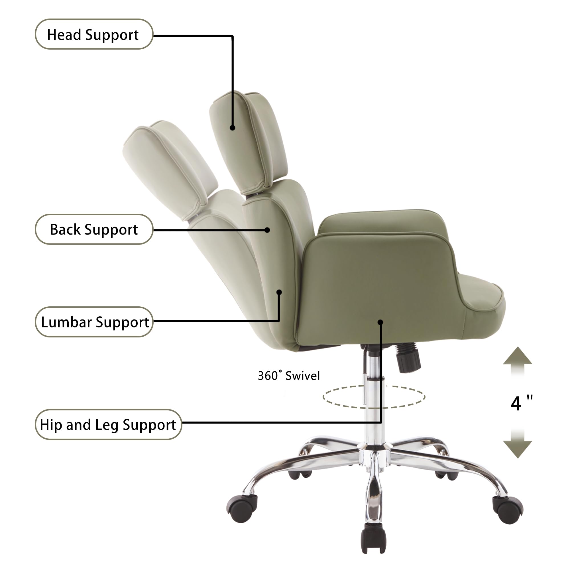 BERYTH Home Office Chair with Wheels, Adjustable Height Swivel Mid-Back Armchair Task Chair, Modern PU Leather Ergonomic Tilt Computer Desk Vanity Chair for Office, Study Room(PU Green)