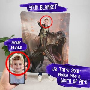 Duckbe Custom Photo Blanket - Dinosaur Designs with Customizable Picture - Soft Flannel Blanket with Double Layer Dotted Backing for Baby Toddler Kids Teen Boys Girls Adults Gifts T-Rex-Boy