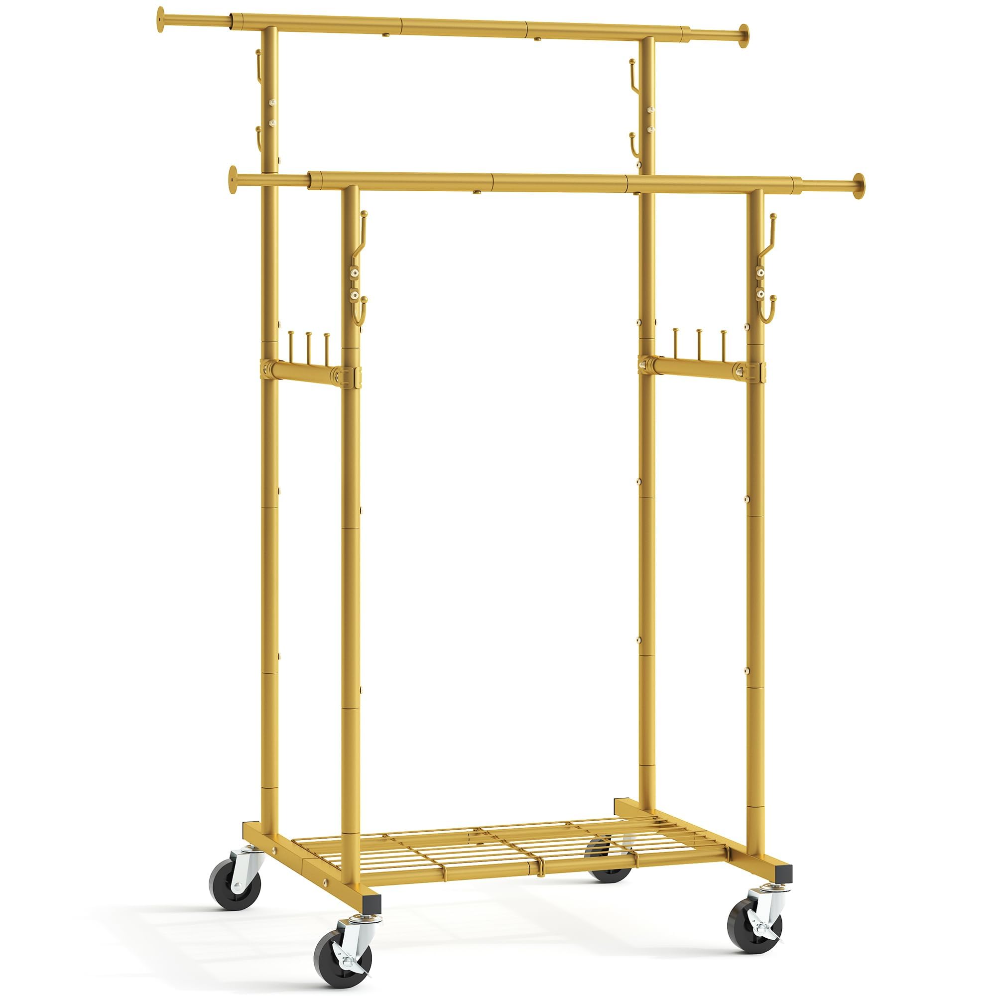 Gewudraw Double Rod Garment Rack, Heavy Duty Rolling Gold Clothes Rack with Wheels For Hanging Clothes,Portable Metal Clothing Rack with Shelves, 64.2inch Chrome