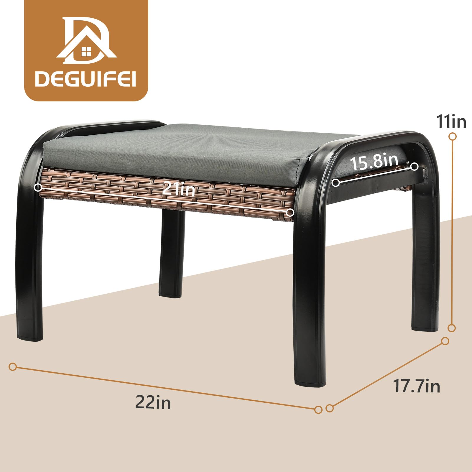 Deguifei Patio Footstool Ottoman Outdoor Foot Rest with Aluminum Frame Rattan Furniture Foot Stools Seat with Soft Cushion for Garden Yark 2 Set Brown