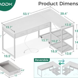 AODK 53 Inch L Shaped Computer Desk with Drawers, Corner Desk with Power Outlets & Reversible Storage Shelves, Movable CPU Stand for Home Office Gaming, White