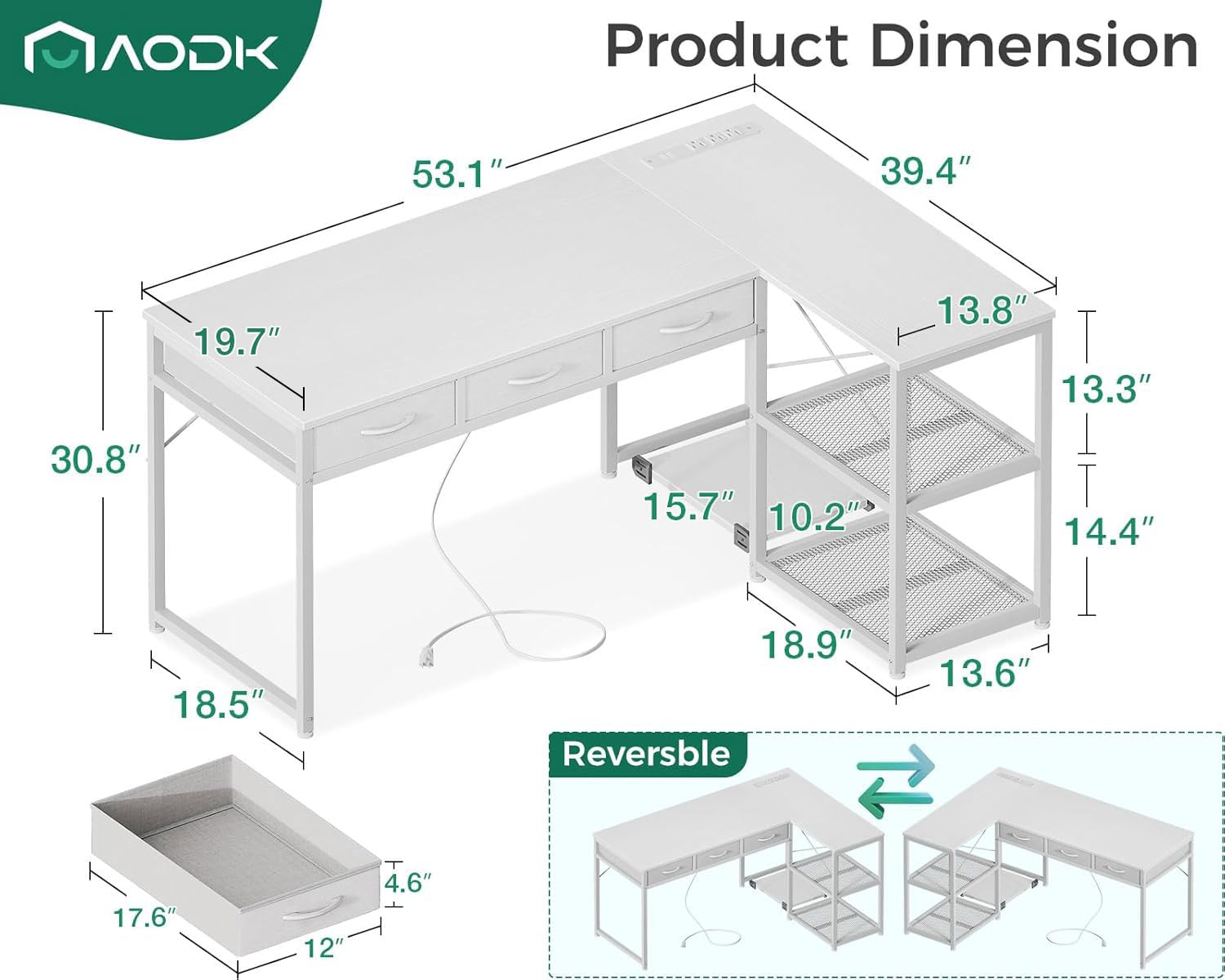 AODK 53 Inch L Shaped Computer Desk with Drawers, Corner Desk with Power Outlets & Reversible Storage Shelves, Movable CPU Stand for Home Office Gaming, White