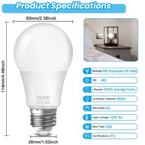 Volxon A19 LED Light Bulb, 9 Watt Equivalent 60 Watt Led Light Bulb, Bright Light Bulb 850LM, Non-Dimmable, Daylight White 5000K, Standard E26 Base, CRI 85+, No Flicker, ETL Listed, 4 Pack