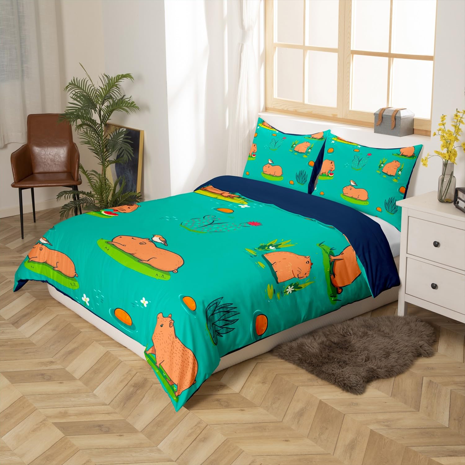 Capybara Bedding Set Twin Size for Boys Girls Cute Wild Animal Capybara Duvet Cover Funny Capybaras Comforter Cover Cartoon Rodent Animals Bedspread Cover Capybara Bedding Gifts for Capybara Lovers